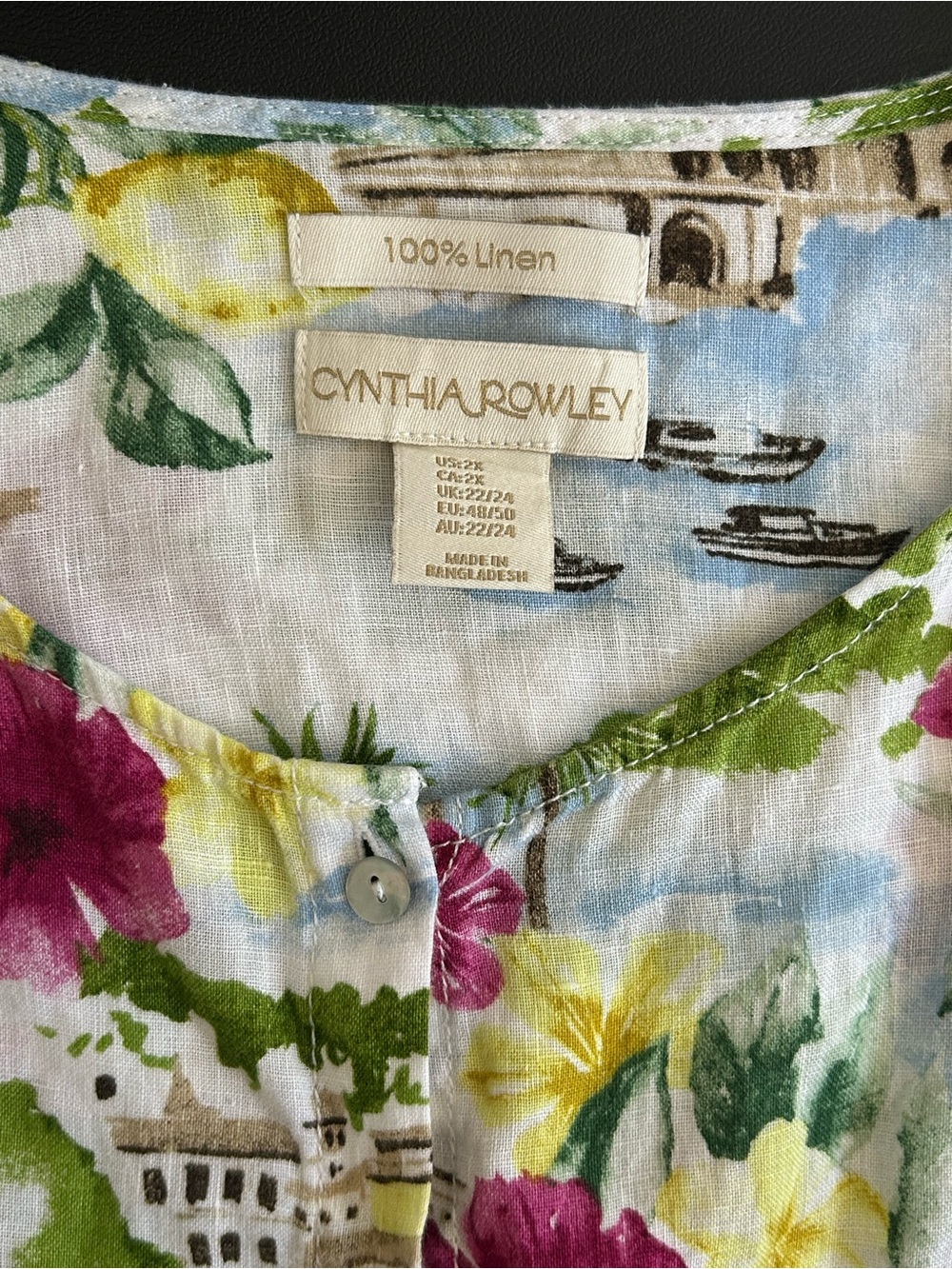 CYNTHIA ROWLEY 100% LINEN Plus Size 2X Italy Coastal Prints Button Down Top - Picture 7 of 7